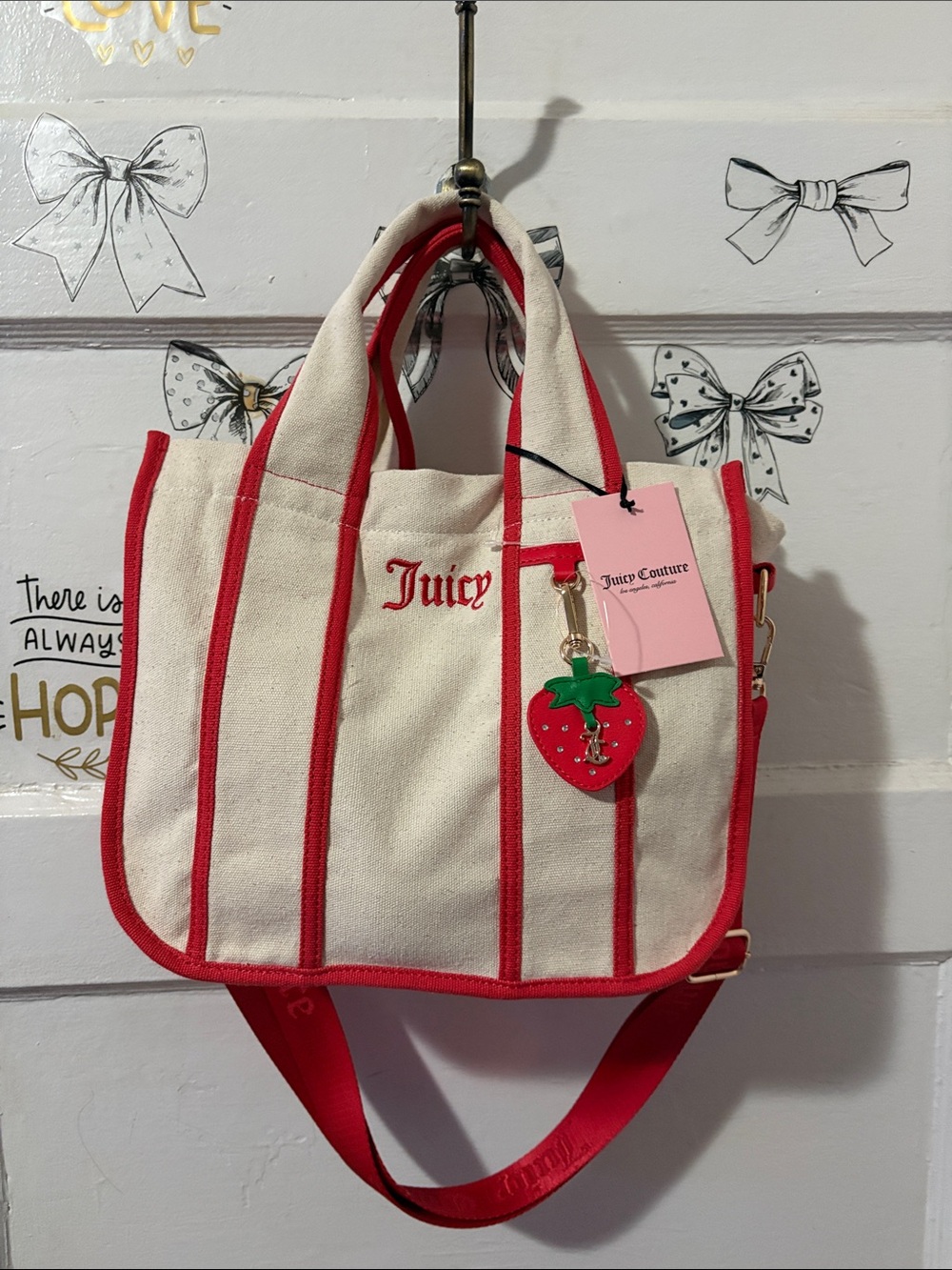 Juicy Couture Cream Canvas Tote with Red Trim and Strawberry Charm